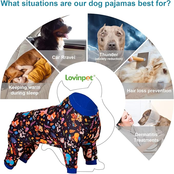 LovinPet Full Onesie for Large Dog, Lightweight Stretchy Fabric, Woodland Musicians Black Print, Pet Pajamas for Dogs, UV Protection, Lage Breed Dog Jammies, Pet PJ's, Pitbull Clothes, 2XL
