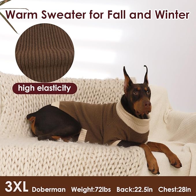 Great Dane Dog Sweater, Warm Stretchy Dog Sweater with Leash Hole, Winter Turtleneck Knit Sweaters for Extra Large Dogs, Thick Christmas Pet Sweaters Cold Weather, Brown 5XL