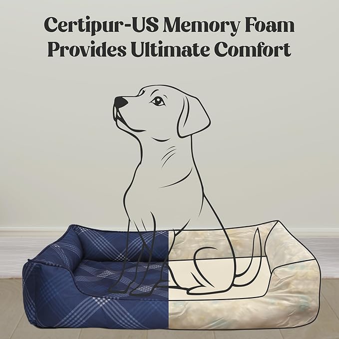 Pupstilo Orthopedic Bolster Dog Bed – CertiPUR-US Foam, Recycled Polyester Canvas, Washable Cover, Anti-Slip Bottom, Medium, Grey Plaid – Stylish Designer Dog Sofa