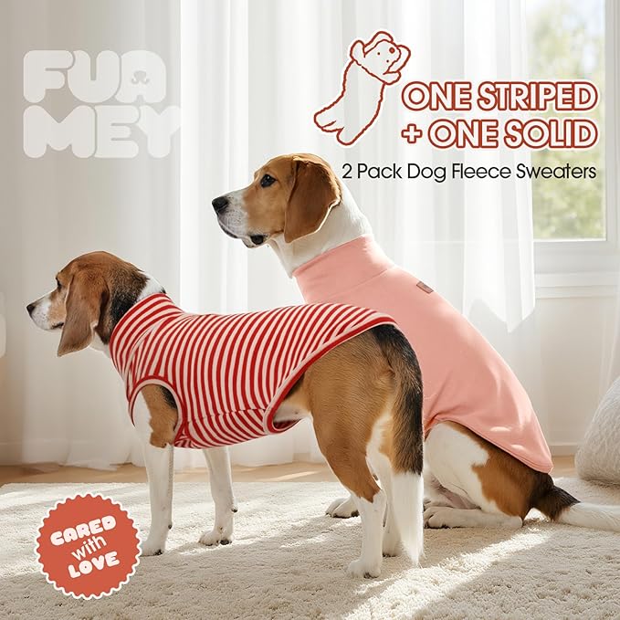 FUAMEY 2 Pack Dog Fleece Vest for Small Dogs,Maltese Chihuahua Stretchy Dog Sweatshirts Warm Dogs Pullover Winter Pet Sweaters with Leash Hole Puppy Turtleneck Sleeveless Pink Stripes S