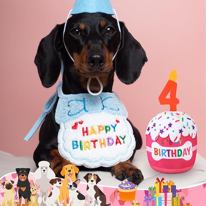 Dansydaisy Dog Birthday Cake Toy Squeaky Plush Gift,4th,Pink