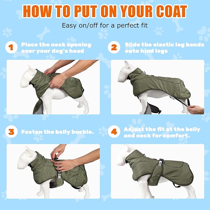 DoggieKit Dog Winter Coat, Waterproof Warm Jacket with Harness Built in, Reflective Cold Weather Doggie Vest, Windproof Turtleneck Pet Snowsuit, Adjustable Puffer Jacket for Large Dogs, Green 4XL
