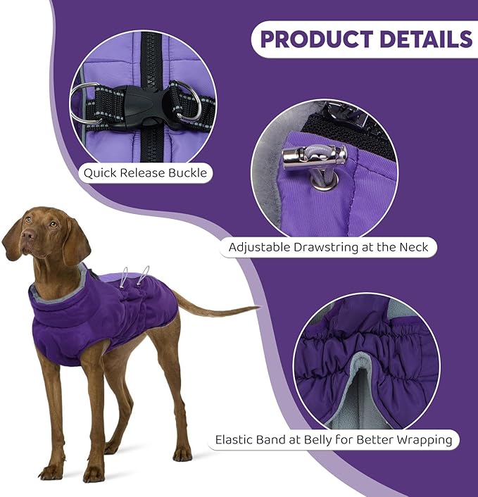 IDOMIK Warm Dog Coat with Harness, Waterproof Reflective Dog Jackets for Small Medium Large Dogs, Fleece High Collar Winter Jacket with Zipper, Pet Winter Snowsuit Clothes for Cold Weather,Purple S