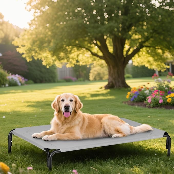 PVY Elevated Dog Bed for Outdoor, XXXL Raised Dogs Cot with Washable Mesh, Cooling Pet Beds Chew Proof Dog Hammock, Metal Frame Lifted Platform for Training Outside Camping, 59 inch Grey