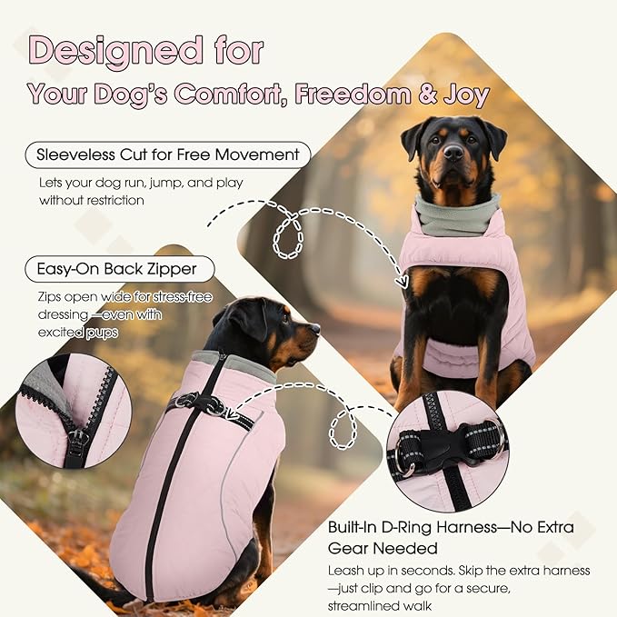 QBLEEV Dog Coat for Large Dogs, Winter Warm Fleece Vest, Waterproof & Windproof with Adjustable Fit, Built-in Harness, Reflective Trim & Zip-Up for Safe Cozy Walks — Pink, XL, for Pitbull, Boxer