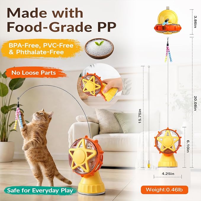 HCY&WLD 2-in-1 Cat Toys Food Dispenser & Teaser Interactive Toys (Yellow) | Multi-Play Puzzle Toy For Indoor Cats, Kitten Slow Feeder, Adjustable Treat Dispensing, Mental Stimulation, Boredom Buster