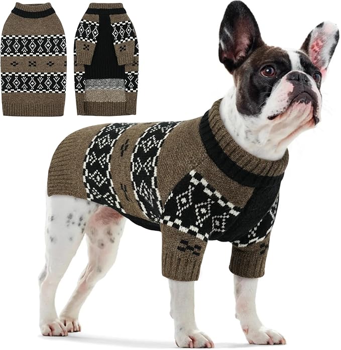 IECOii Male Dog Sweater,Thick Knitted Dog Sweaters for Small Medium Dogs Boy,Mid Neck Knitwear Extra Warm Pullover for Cold Weather,Cozy & Stretchy for Active Dogs, French Bulldog Sweater, Brown, M