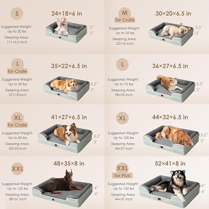 EHEYCIGA Orthopedic Dog Beds for Extra Large Dogs, Waterproof Memory Foam XXL Dog Bed with Sides, Non-Slip Bottom and Egg-Crate Foam Big Pet Couch Bed with Washable Removable Cover, Greyish Green