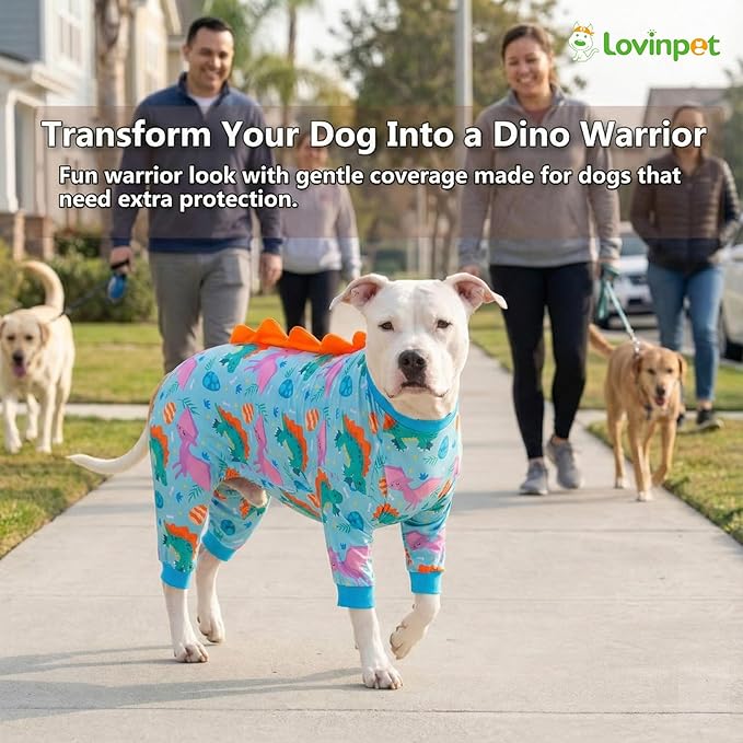 LovinPet Large Dog Pajamas, Four-Leg Stretch Onesie Bodysuit, Lightweight UV-Shielding Pajamas, Anti-Lick Calming Recovery Suit for Surgery, Pull-On for Medium and Large Breeds,Green Orange,3XL