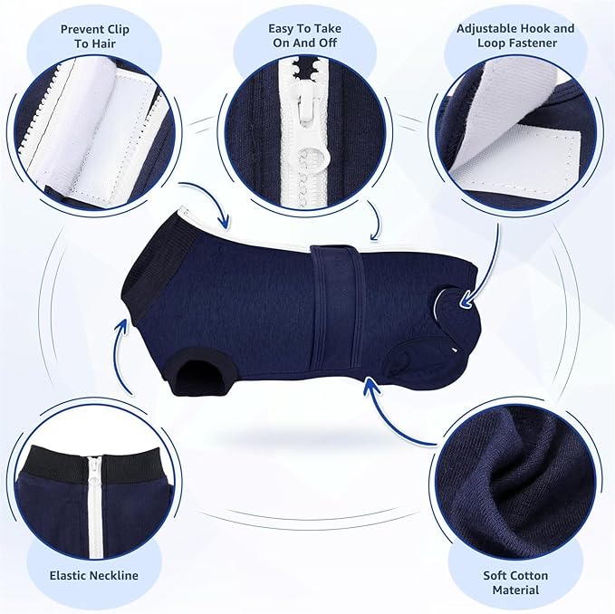 SlowTon Dog Surgery Recovery Suit - Zipper On Dog Onesies After Surgery for Female Male Dogs, Abdominal Wounds Bandages Cone/E-Collar Alternative Dogs Surgical Body Suit (Dark Blue,XS)