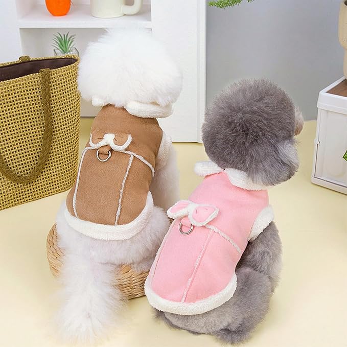Jecikelon Bowtie Dog Cold Weather Coat Fleece Lining Warm Pet Puppy Turtleneck Dogs Winter Coats for Small Dogs Jacket with D-Ring Leash (Medium, Khaki)