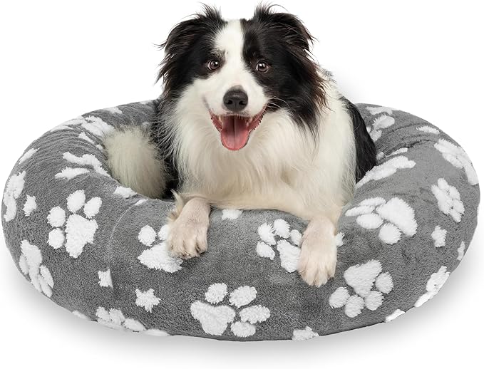 Yaning Donut Dog Beds for Medium Dogs, Calming Round Cat Beds for Indoor Cats, Cute 3D Textured Paw Pet Bed with Removable Washable Cover and Anti-Slip Bottom（Grey，30"）