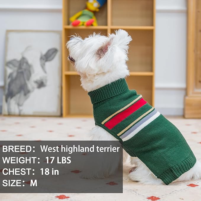 PAWCHIE Stretchy Knitted Cat Dog Outfit, Green S, Warm Turtleneck Coat with Leash Hole for Small to Large Dog Girls, Boys