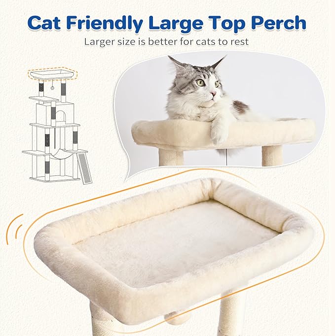ABCPET Cat Tree Tower 63in Multi-Level Cat Tower for Indoor Cats with Sisal Scratching Posts, Condo, Hammock, Dangling Ball and Extended Platform for Cats to Play, Beige