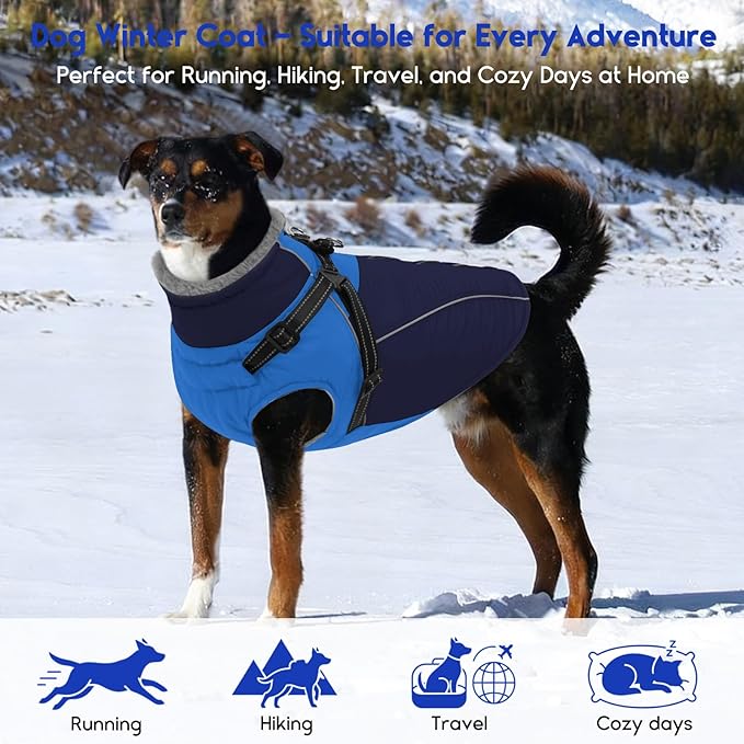 ASENKU Reflective Dog Coat with Built-in Harness, Windproof Fleece-Lined Dog Jacket for Small, Medium, Large Dogs, Warm Winter Vest with Turtleneck & Zipper (Navyblue XS)