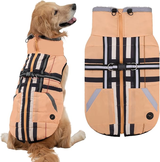 Mihachi Large Dog Coat with Harness Built in, Warm Dog Winter Coat with Pockets for Dogs, Waterproof Reflective Fleece Vest with Zipper, Pet Windproof Warm Cold Weather Jacket Snowsuit Outfit,Beige L
