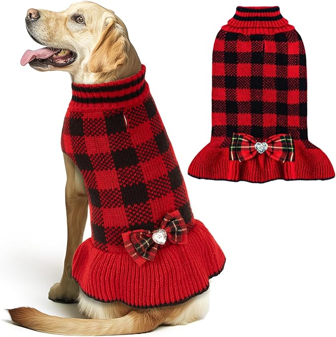 KYEESE Christmas Dog Sweater Dress for Medium Dogs with Leash Hole Classi Checkered Pet Sweaters Dog Christmas Outfit with BowtieTurtleneck Dogs Apparel for Winter, XXXL