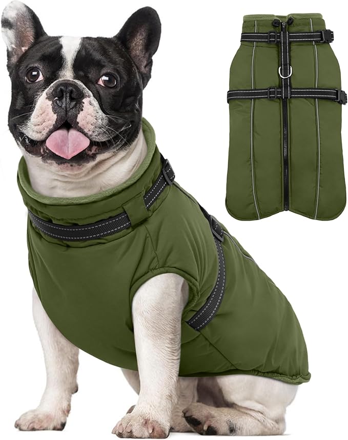 Lelepet Waterproof Dog Jacket with Harness Built in Warm Dog Winter Coat, Reflective Windproog Fleece Jacket, Dogs Coats for Small Dogs, Thermal Pet Snowsuit for Cold Weather, Maltese, Army Green, XS
