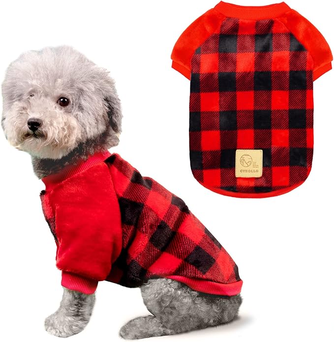 cyeollo Dog Christmas Sweater Warm Dog Winter Coats Buffalo Plaid New Year Puppy Doggie Sweatshirt Flannel Cold Weather Coats Pet Clothes for Small Dogs Size S