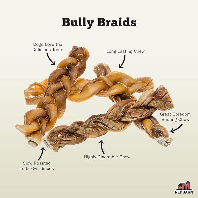 Redbarn Pet Products All-Natural 7" Braided Bully Sticks for Dogs - Premium Slow Roasted Long Lasting Chews Made with 100% Beef - Healthy Single Ingredient Low Odor - 8 Count - Packaging May Vary