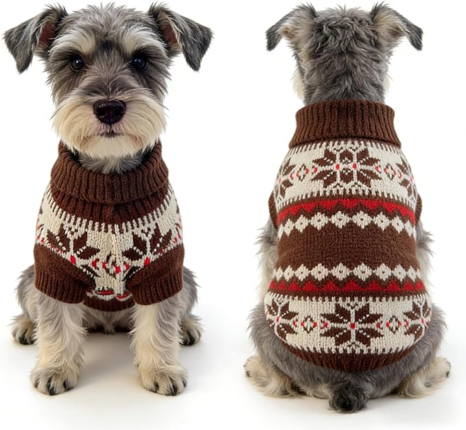 Small Dog Cold Weather Sweaters – Warm Knit Turtlenecks, Cozy Pet Pullovers Dog Clothes with Leash Hole for Chihuahua Bulldog Pug Beagles (Brown/White, X-Large)
