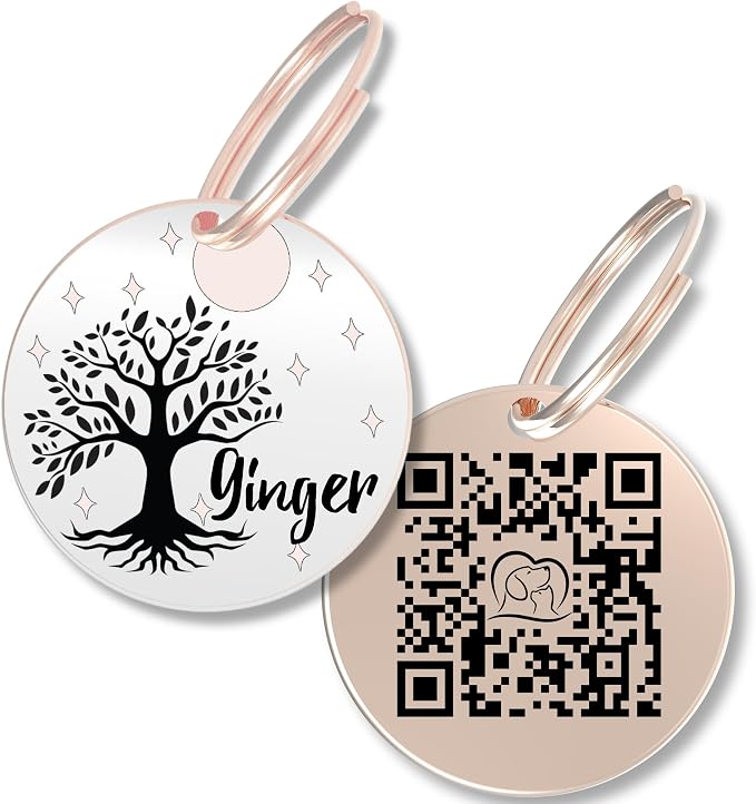 PawFurEver QR Code Dog Tag - Custom Dog Tags/Pet ID Tags for Dogs, Engraved Dog Tag & Pet Tag, Stainless Steel Dog Tags Personalized for Pets (Tree, Rose)