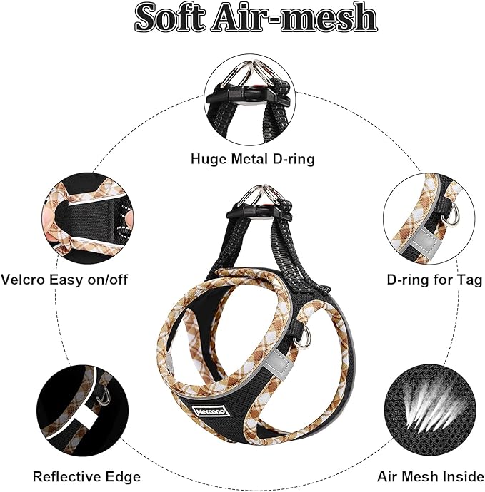 Mercano Soft Mesh Dog Harness and Leash Set, No-Chock Step-in Reflective Breathable Lightweight Easy Walk Vest Harnesses with Safety Buckle for Small Dogs, Cats (Black Yellow, XL)