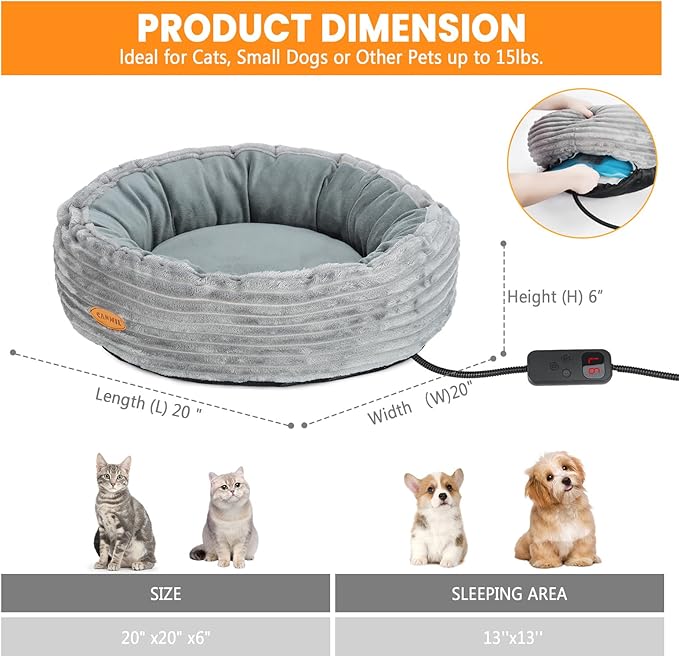 Heated Cat Bed for Indoor Cats, 20’’ Electric Cat Heated Bed Pet Warming Bed for Cats and Small Dogs, Washable Calming Round Donut Pet Bed with Heating Pad, Indoor Use