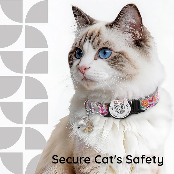 Breakaway Cat Collar QR Code, Reflective Bell, Adjustable Kitten Red Flower
