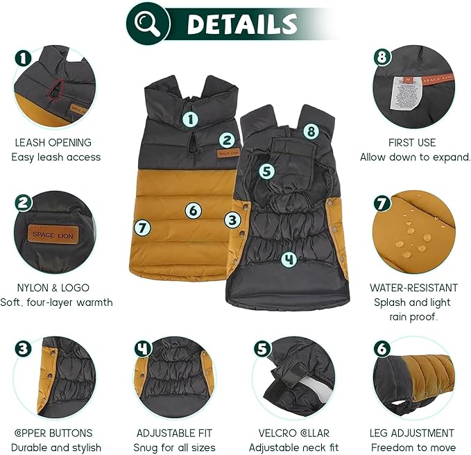 SPACE LION Dog Puffer Jacket, Down Winter Coat, Durable Outdoor Coat for Cold and Windy Conditions, Lightweight & Adjustable Fit Coats for Large Dogs, (BlackKhaki, Size24/2XL)