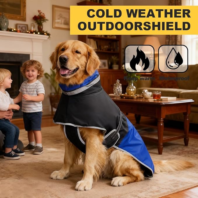 Waterproof Dog Winter Coat, Reflective Turtleneck Fleece Jacket with Snow Protection for Large Dogs, Cold Weather Pet Clothing (Blue, 4XL)