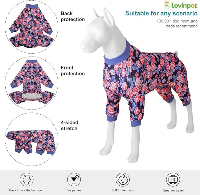 LovinPet Large Dog Pjs for Male Dogs, Anti Licking PJ's,Wound Care Post-Surgery Dogs Pajamas, Skin-Friendly Fabric,Navy and Hot Pink Rose Garden Print,Travel,Home,Large