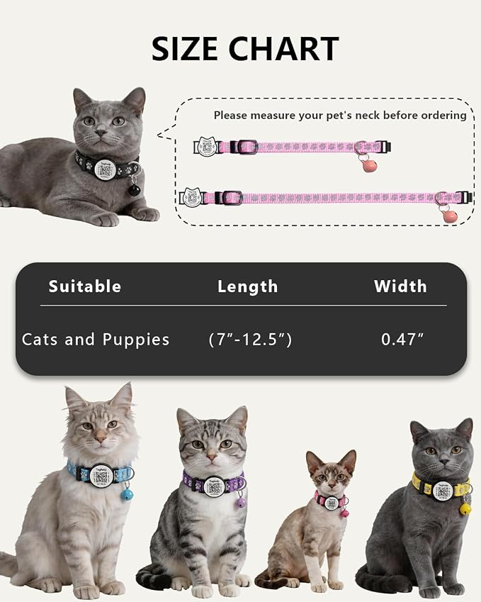 2 Pack Airtag Cat Collar, Breakaway Cat Airtag with Smart ID tag & QR Code Reflective (Star Moon & Paw Pattern - Blue, Collar Only)