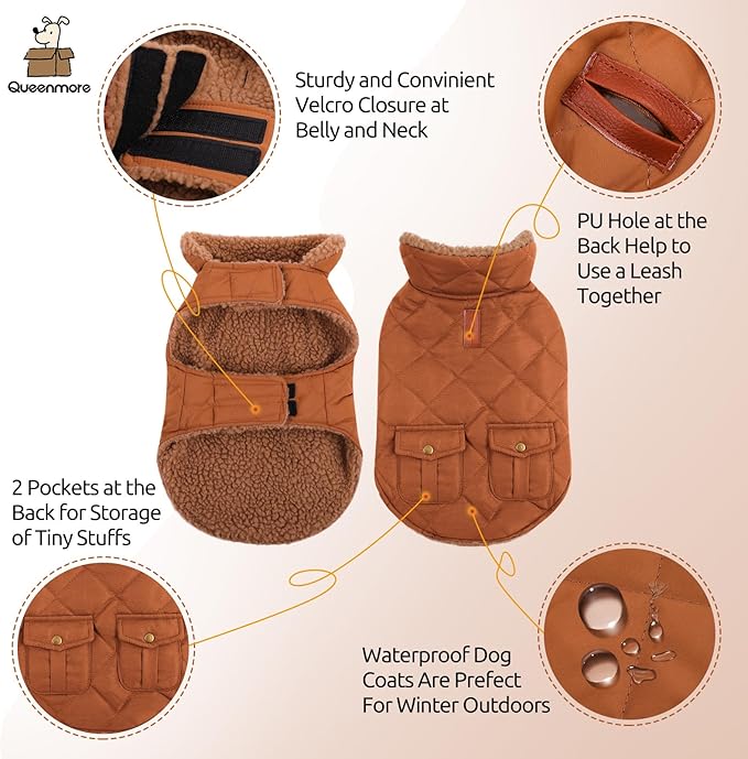 Queenmore Warm Coat for Cold Weather, Quilted Winter Jacket With Ultra Thick Plush Lining and Storage Pockets (Brown, X-Large)