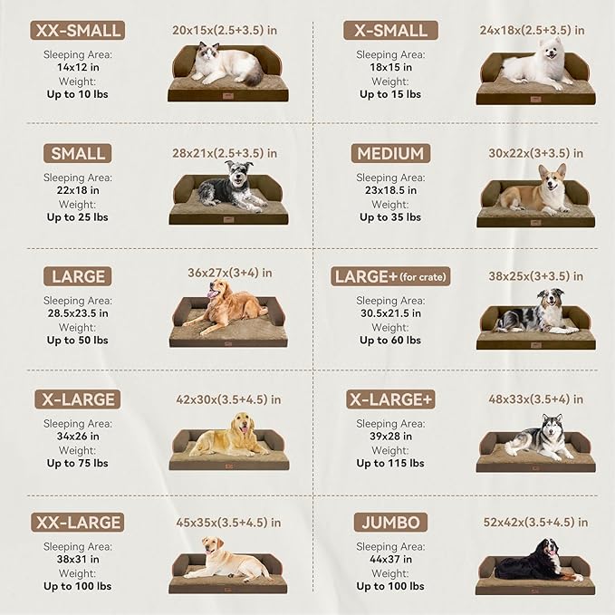 Large Dog Bed Orthopedic Washable: Extra Brown Large Big Dog Bed with Removable Bolster & Memory Foam Couch Sofa - Waterproof Washable with Cover