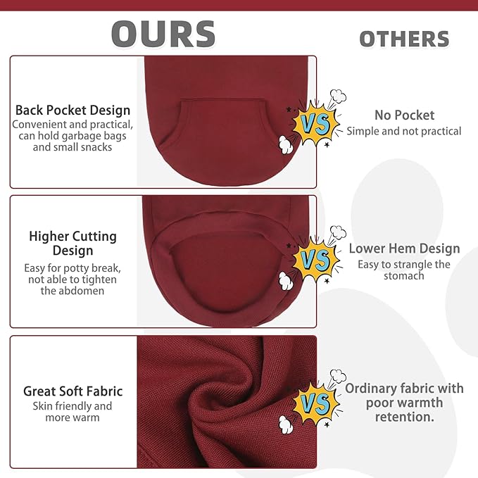 KOOLTAIL Basic Dog Hoodie - Soft and Warm Dog Hoodie Sweater with Leash Hole and Pocket, Pet Winter Coat, Cold Weather Clothes Sweatshirt for Small Medium Large Dogs Puppy Cat Boys Girls Deep Red XL