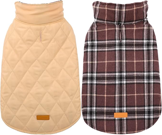 Kuoser Warm Dog Coat, Waterproof Dog Coats for X-Small Dogs, Adjustable Durable Doggie Winter Jacket Reversible Cozy Puppy Cold Weather Apparel from Small to Large Breed, Brown XS
