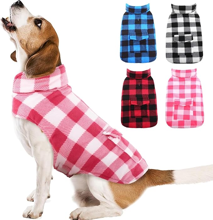 Kuoser Dog Winter Coat, Windproof Dog Fleece Jacket British Style Plaid Cold Weather Doggie Vest Coats, Reversible Cozy Warm Pet Clothes Apparel for Medium Dogs M