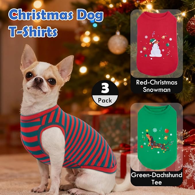 3 Pack Christmas Dog T-Shirt,Printed & Striped Set,Sleeveless Vest Autumn Winter Indoor Lounge Wear,Soft Lightweight Dachshund Clothes,Festival Party Cute Outfits(Red&Green,L)