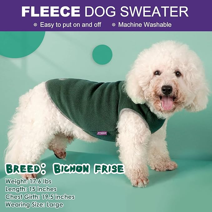 cyeollo 2 Pack Fleece Dog Sweaters for Small Dogs Reflective Doggie Vest Pullover Sweatshirt Stretchy Pet Jacket Small Dog Clothes Boy Coats Size L Green & Grey