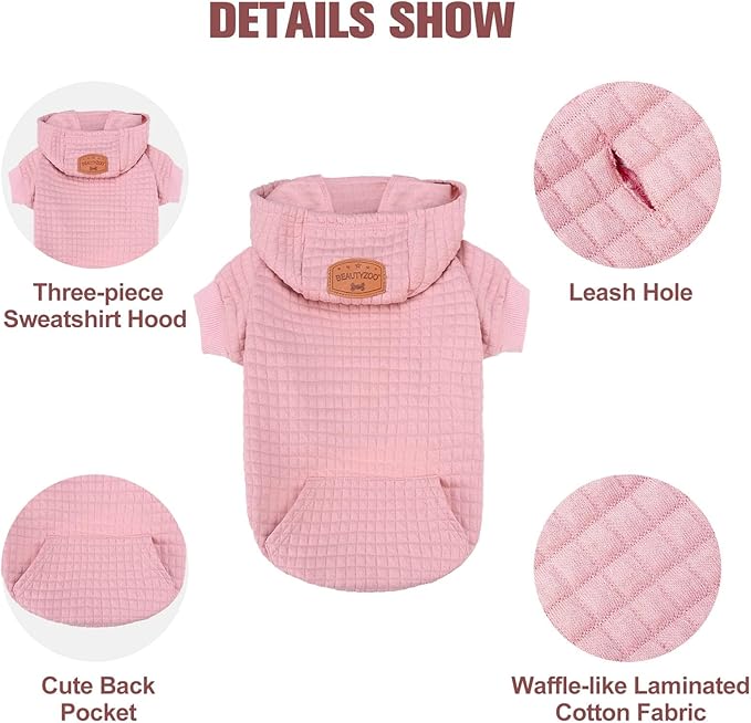BEAUTYZOO Small Dog Hoodie Sweater with Pockets, Dog Clothes for Small Medium Dogs Boy Girl, Waffle-like Laminated Cotton Pet Coats with Hat and Leash Hole, All Weather Coat for Puppy Doggie Chihuahua