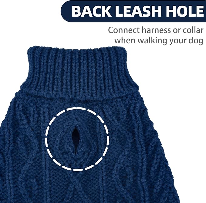 PUPTECK Dog Sweater, Turtleneck Warm Knitted Pullover Coat, Thick Cable Knitwear Clothes in Winter, Pet Apparel Outfits for Small Medium Dogs, for Cold Weather Indoor & Outdoor, Deep Blue SM