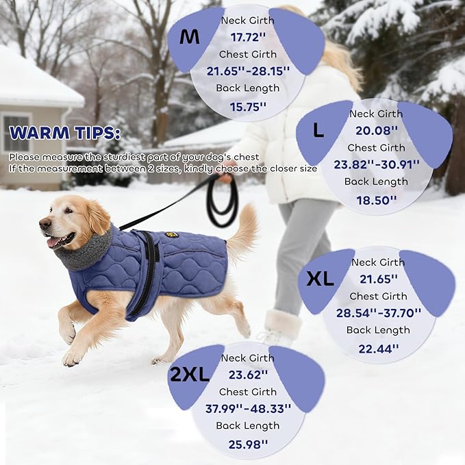 Dog Coat Winter, Waterproof Quilted Dog Jacket for Cold Weather, Reflective Adjustable Puppy Winter Coat, Warm Turtle-Neck Pet Fleece Snow Jacket for XX-Large Dogs, NewBlue XXL