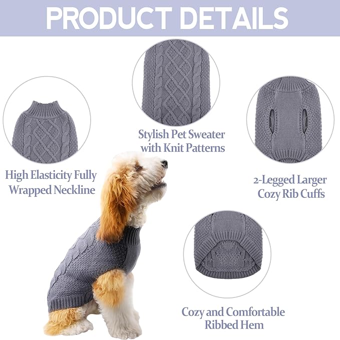 TONY HOBY Small Dog Sweaters Knitted Warm Dog Sweatshirt, Doggy Winter Coat Puppy Cold Weather Pullover Classic Knitwear Doggie Sweater, Thick Warm Winter Pet Clothes (S, Grey)