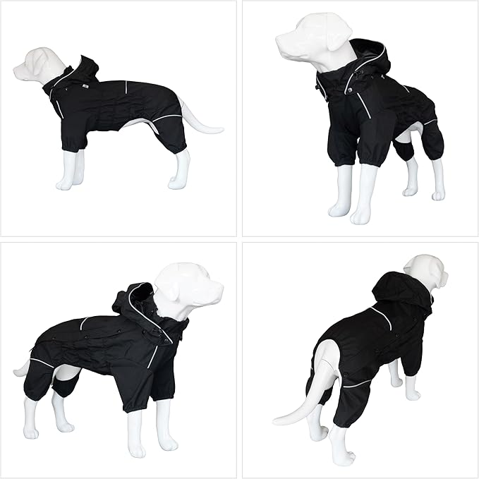 LOVELONGLONG Fleece-Lined Dog Raincoat with Removable Hood – Waterproof Winter Full Body Dog Jacket – Windproof Snowproof Cold-Weather Suit – Black-F XS
