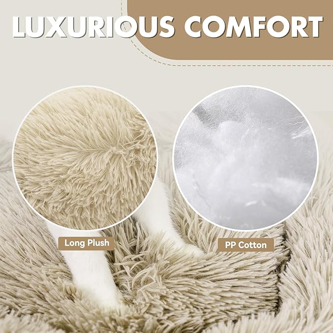 Athena Collection Washable Dog Bed Medium Size Dog, Cat Bed for Indoor Cats, 31 Inches Fluffy Faux Fur Round Pet Bed Calming Cozy Soft Warming Donut for Medium Puppy Kitten, Beige