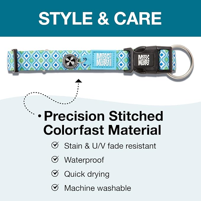 Max & Molly Urban Pets Smart ID Dog Collar - Soft Neoprene, Waterproof, Machine Washable, Power Buckle, Gotcha! QR Tag & Custom App Profile, Retro Blue M