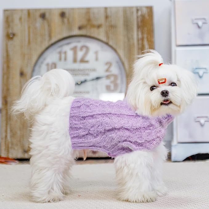 Turtleneck Small Dog Sweaters - Classic Cable Knitwear Winter Coat for Small Medium Dogs Male Female Puppy Dog Cold Weather Clothes Girls Boys, Purple, S/M