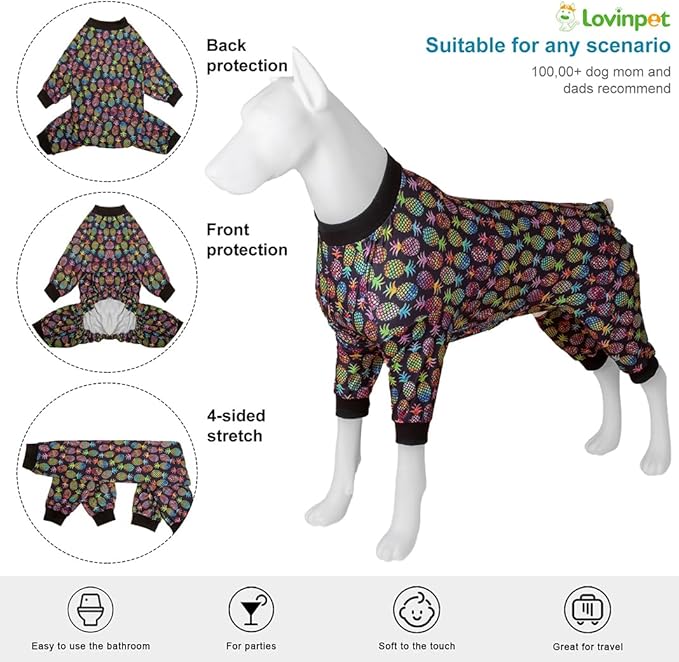 LovinPet Large Dog Clothes for Pitbulls Male, Dog Onesie with Uv Protection,Anxiety Calming Dog Shirt,Lightweight Fabric,Pinapple Paradise Black Print, Onesies for Dogs, Pajamas for Pitbulls, XL
