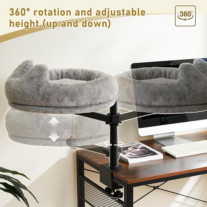 AurnaGle Cat Desk Bed, 360° Rotating & Adjustable & Lock Cats Bed for Desk, Grey Soft with Long Plush Fabric Mat, Modern Indoor Cat Nest Furniture for Office Desks and Game Tables, Island Table